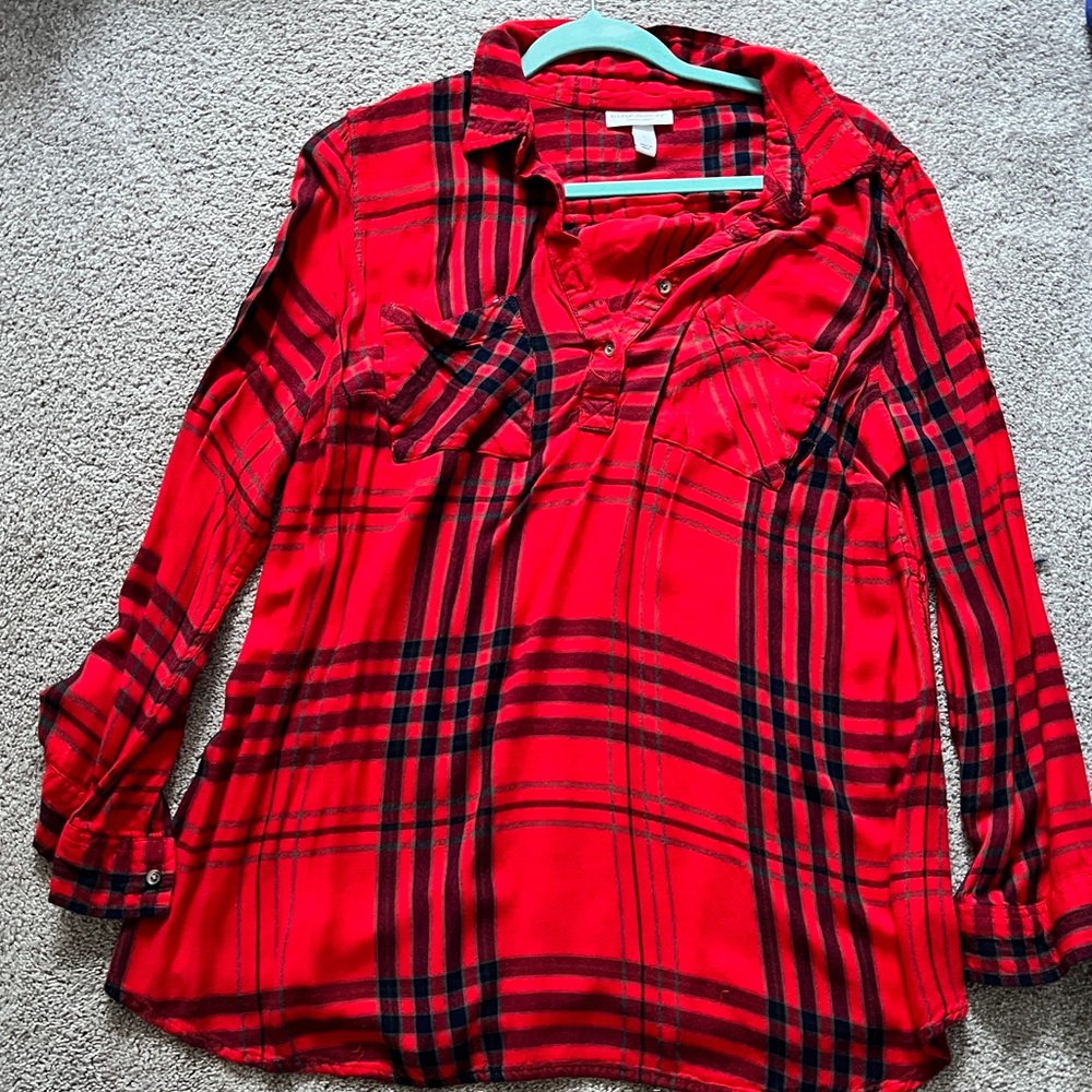 Liz Lange Red and Black Plaid Maternity Shirt